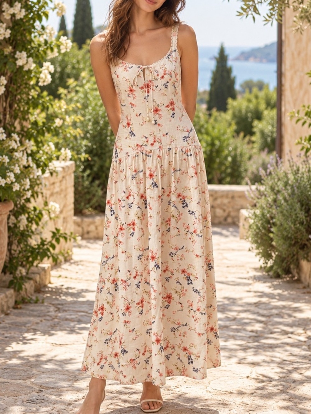 Caroline Constas Cream Floral Midi Sundress with Spaghetti Straps-Small-NWT